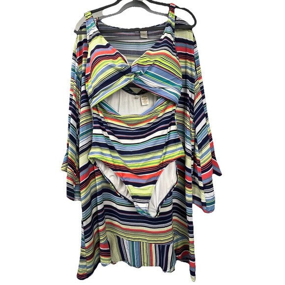 Anne Cole Swim Set One Piece Swimsuit Matching Mini Dress CoverUp Stripes 16 XL - Picture 2 of 10